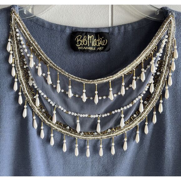 Designer Bob Mackie Wearable Art Size L Blue Beaded Neckline 3/4 Sleeve Top # D - Picture 4 of 5